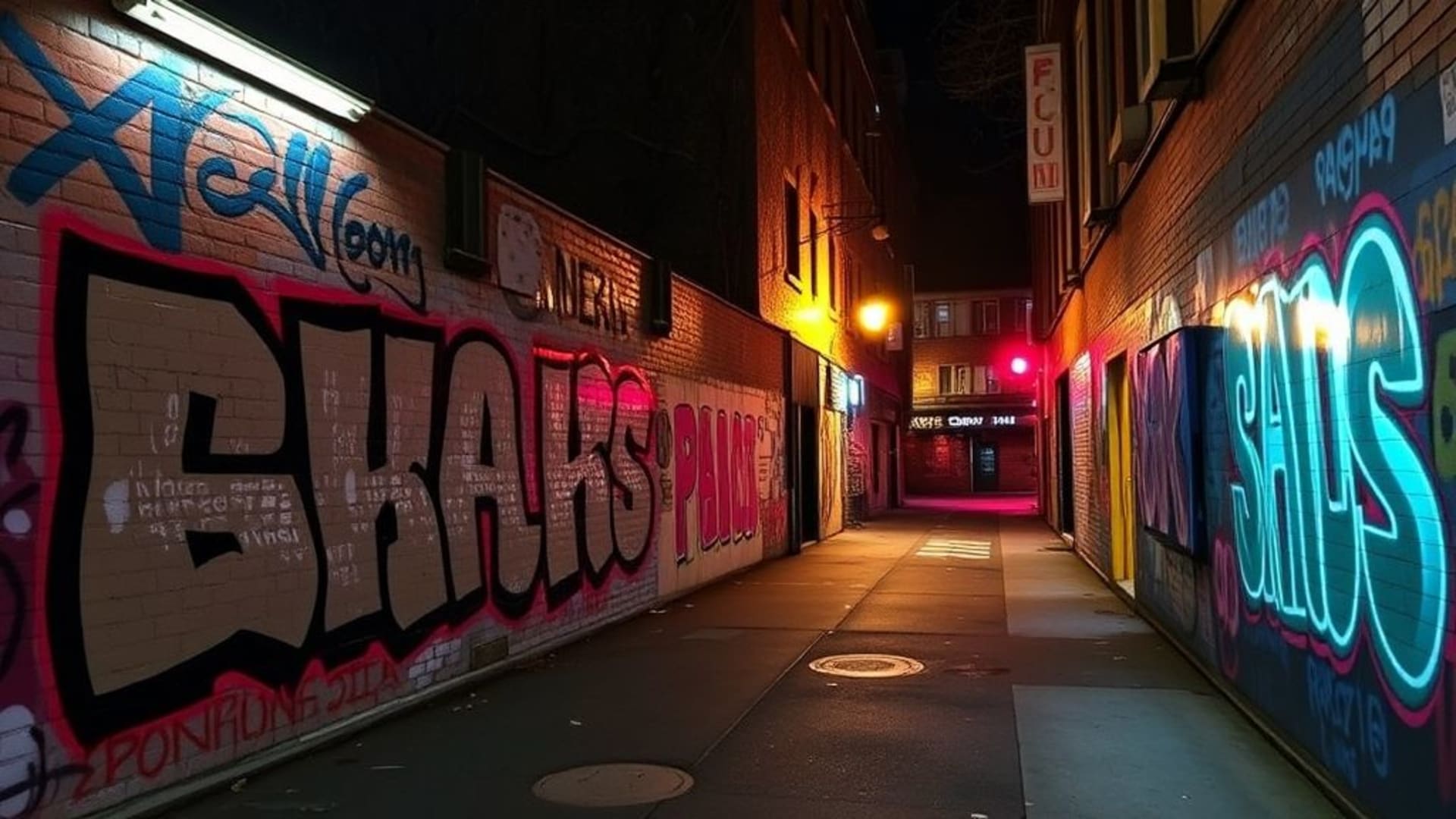 Egouts urbains avec graffiti colorés et lumière de néon dramatique