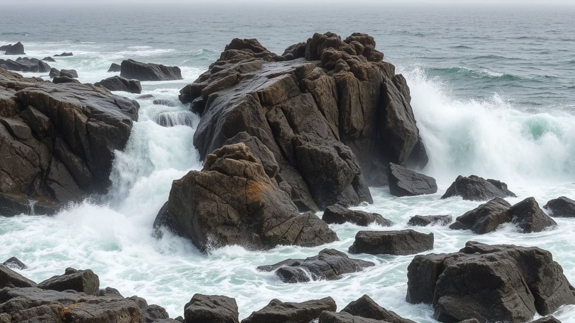 Vagues déferlantes sur rochers avec brume et ciel orageux
