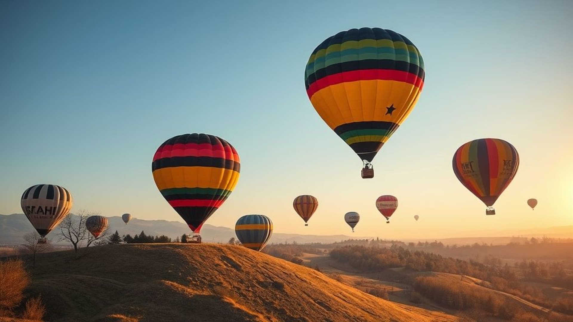 Montgolfières colorées flottant au-dessus d’un paysage champêtre