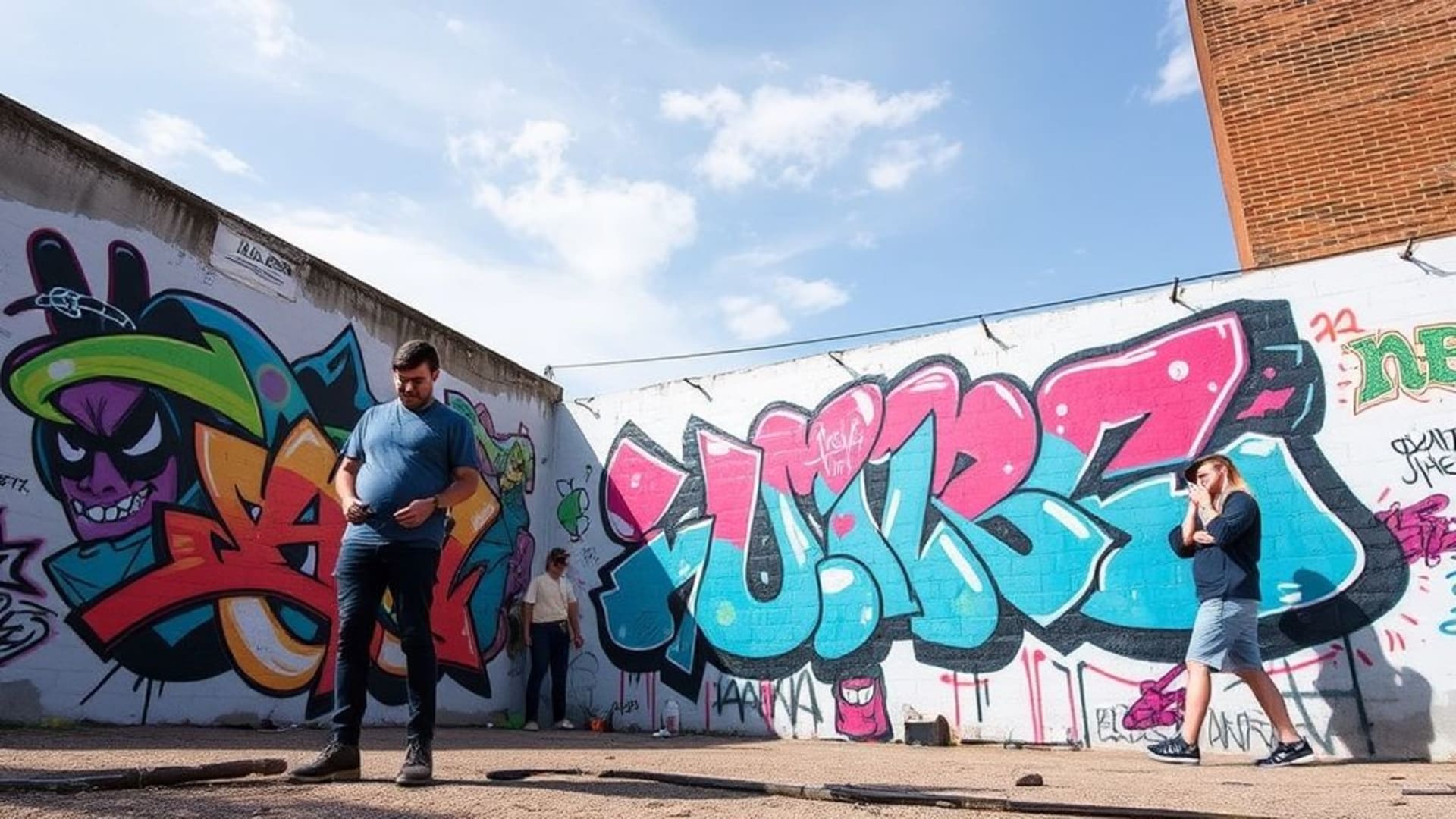 Art digital de graffiti en plein air avec artistes en action et mur urbain