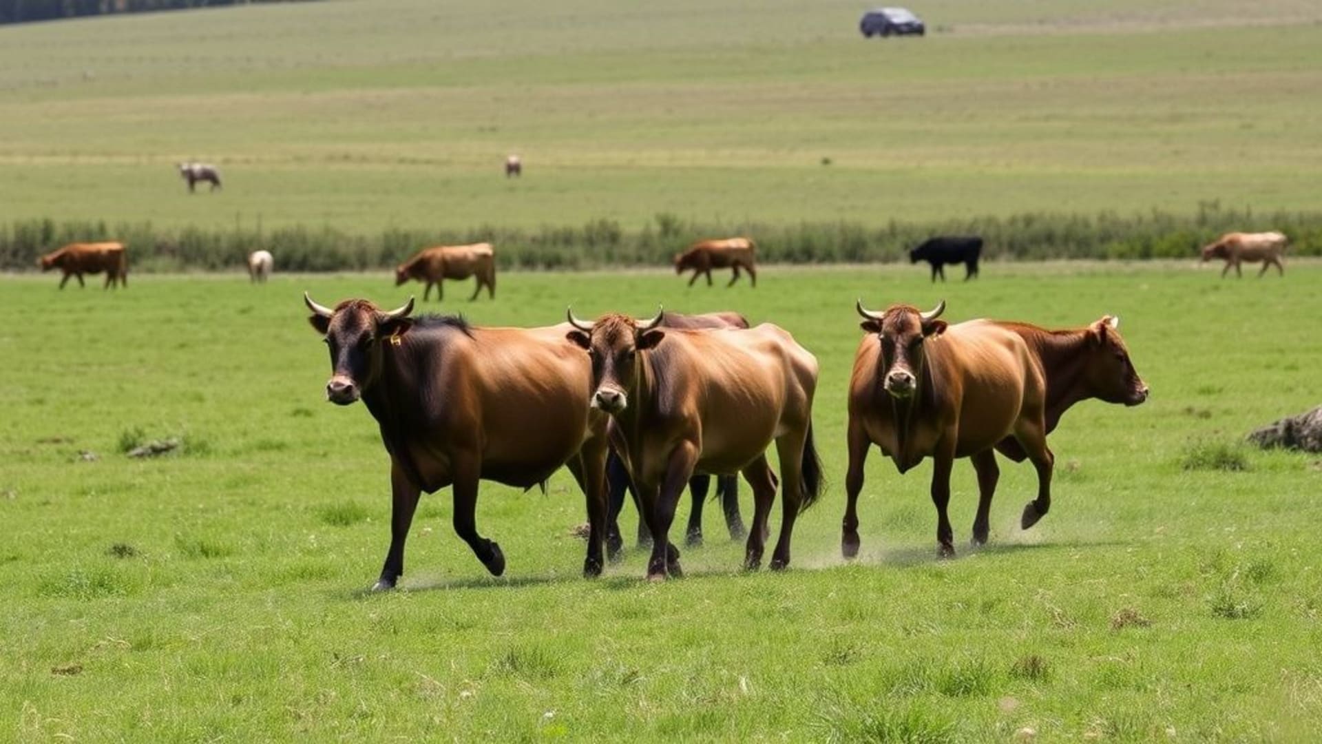 Chevaux sauvages galopant à travers une prairie verte
