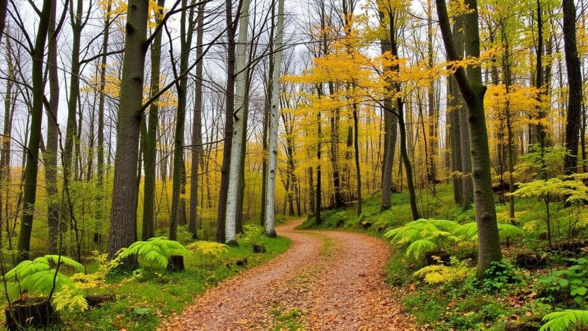 Chemin de sentier sinueux dans une forêt automnale aux couleurs chaudes