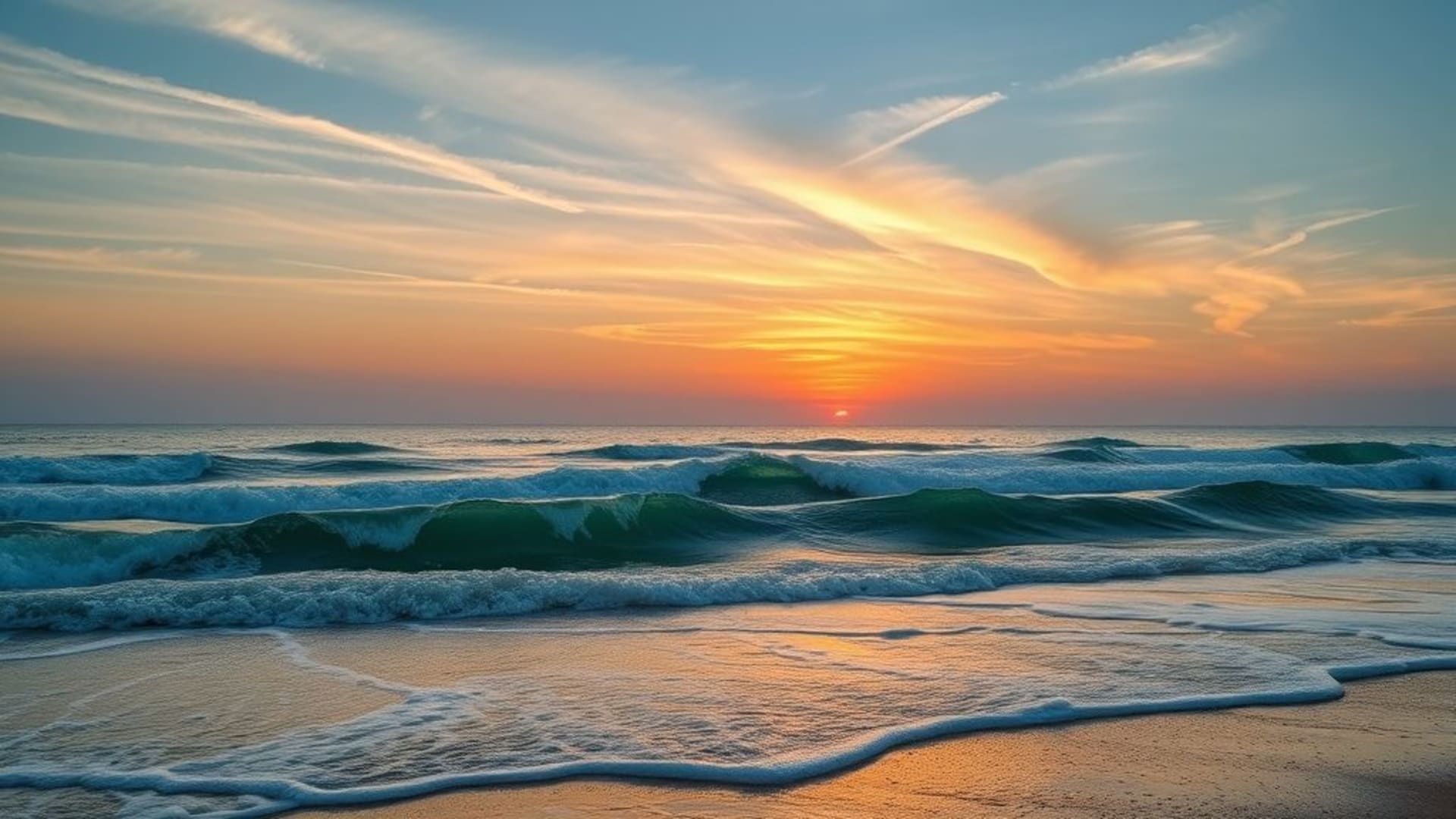 coucher de soleil sur la plage sauvage avec vagues déchaînées et ciel coloré au crépuscule