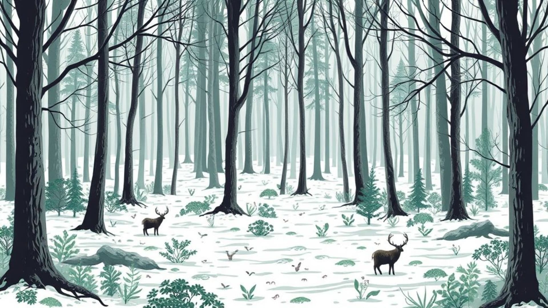 forêts enneigées avec sentiers sinueux et animaux sauvages visibles