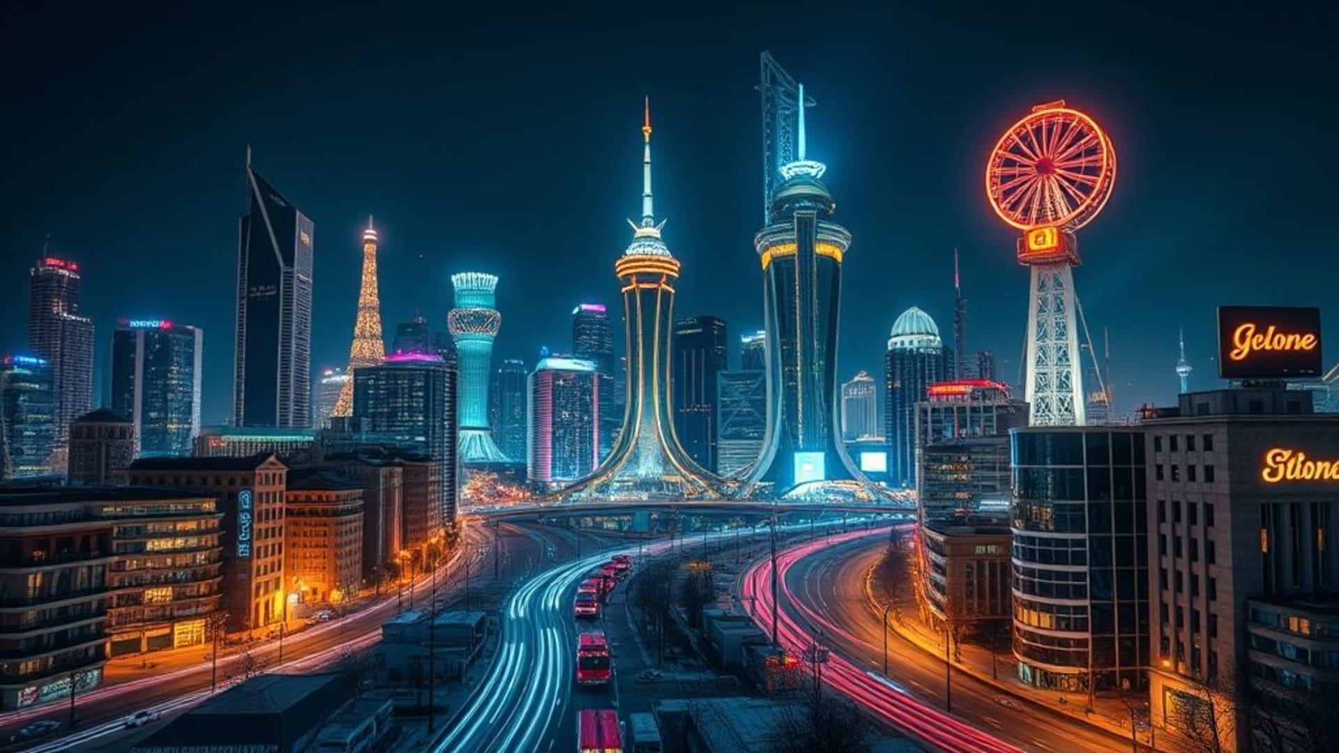 villes futuristes illuminées avec néons et buildings innovants la nuit