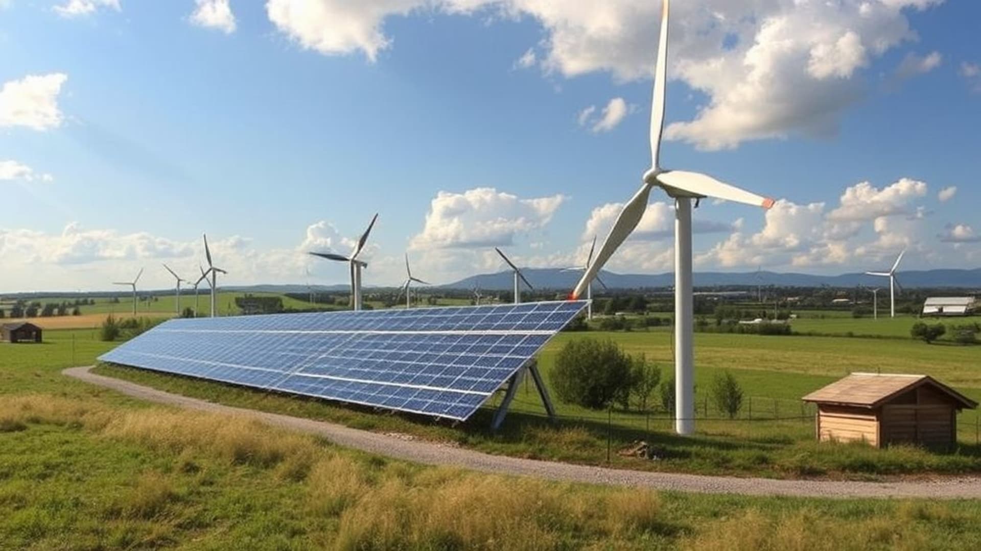 Panneaux solaires et éoliennes dans un paysage futuriste