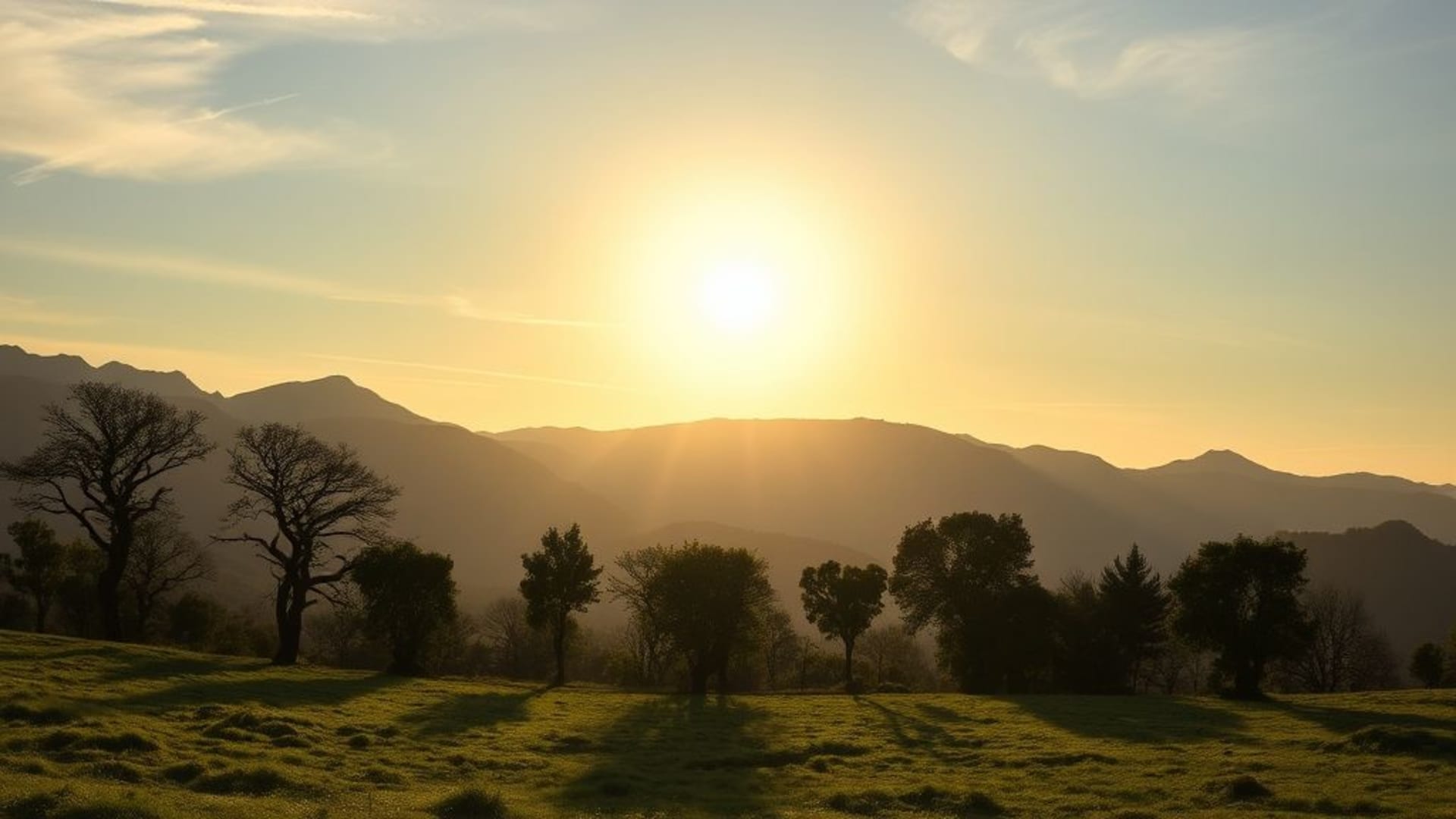 couchers de soleil dorés derrière des collines verdoyantes et arbres isolés