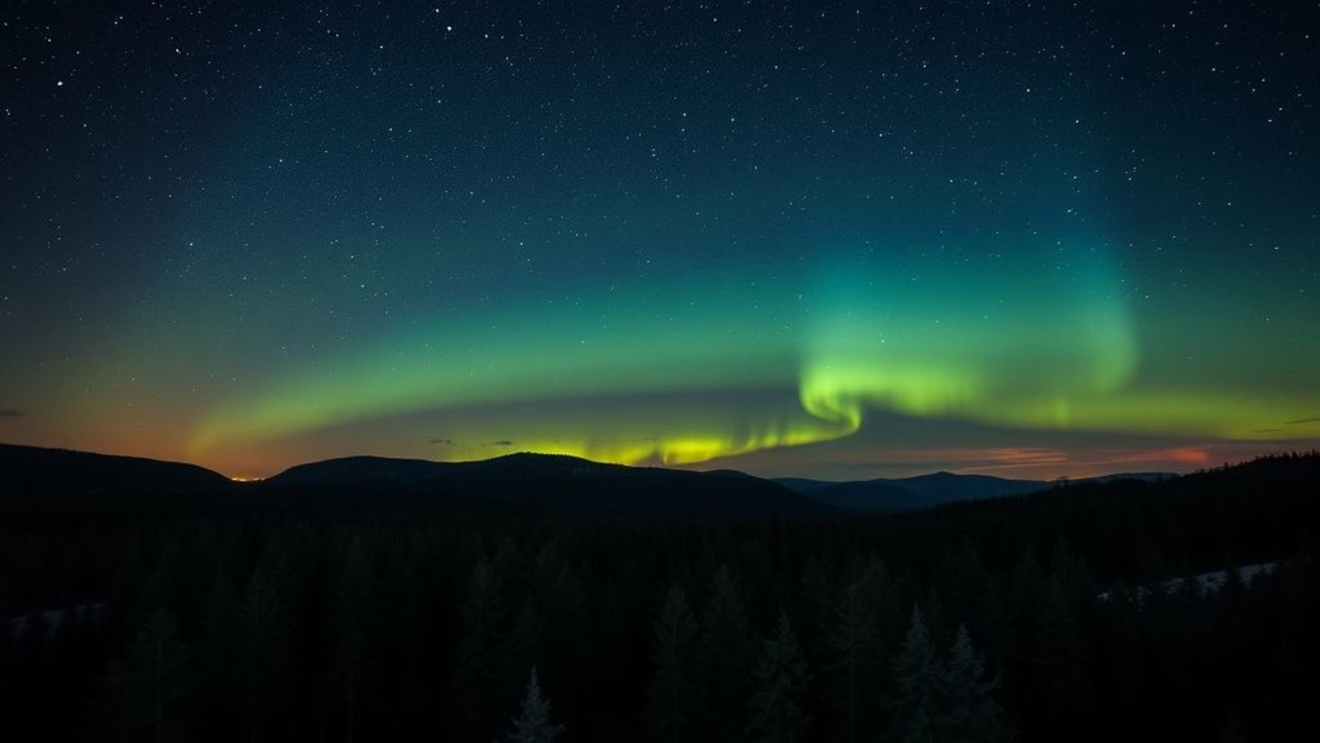 aurores boreales dans ciel nocturne au-dessus d'une forêt nordique