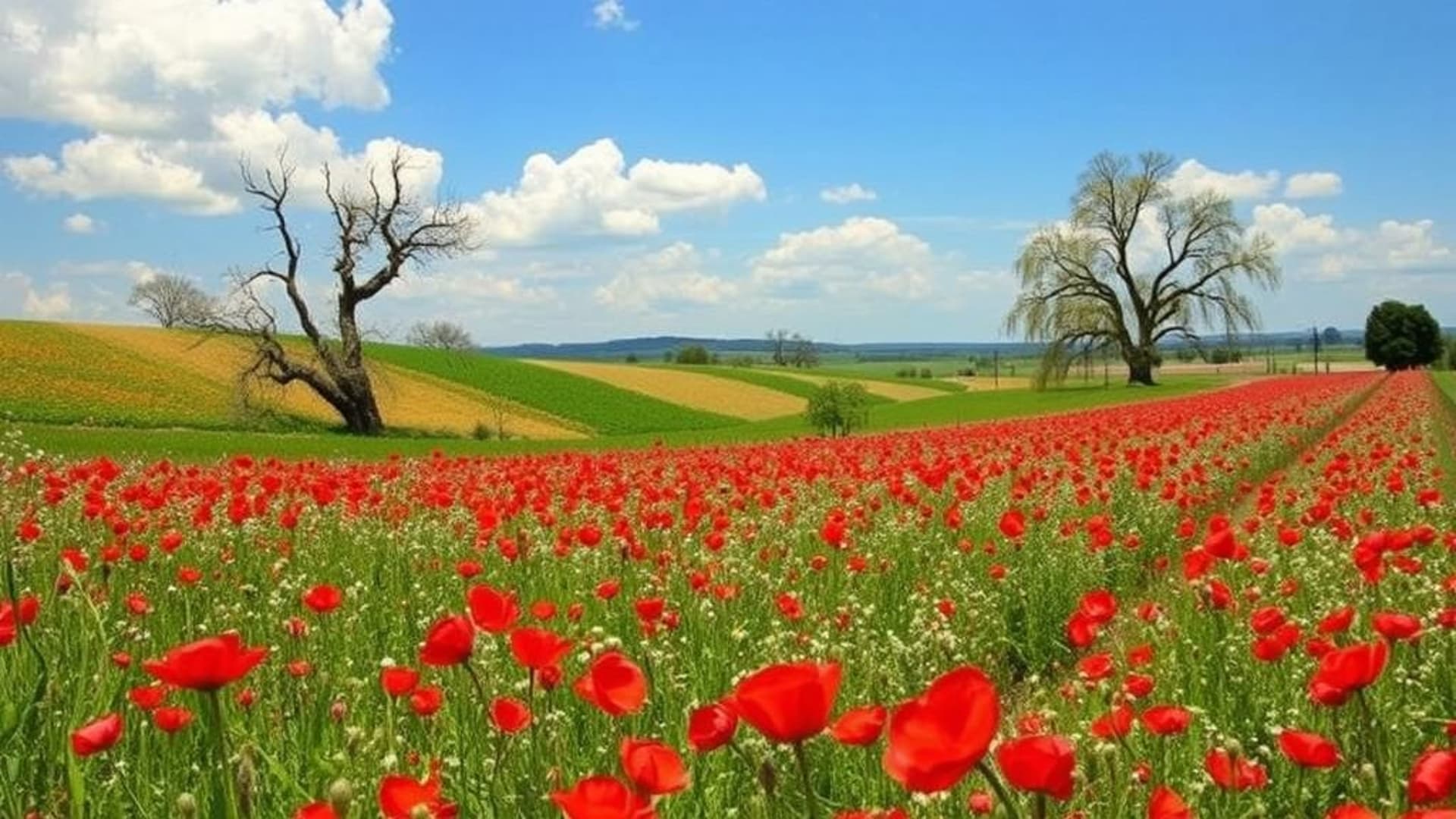 paysages de champs de coquelicots rouges sous ciel bleu vif