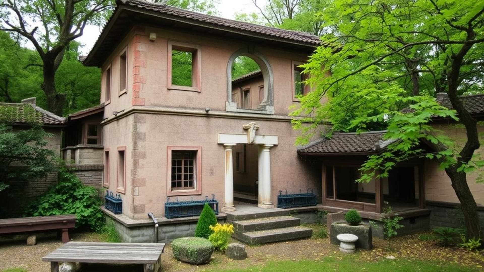 ruines anciennes dans des jardins zen japonais sereins