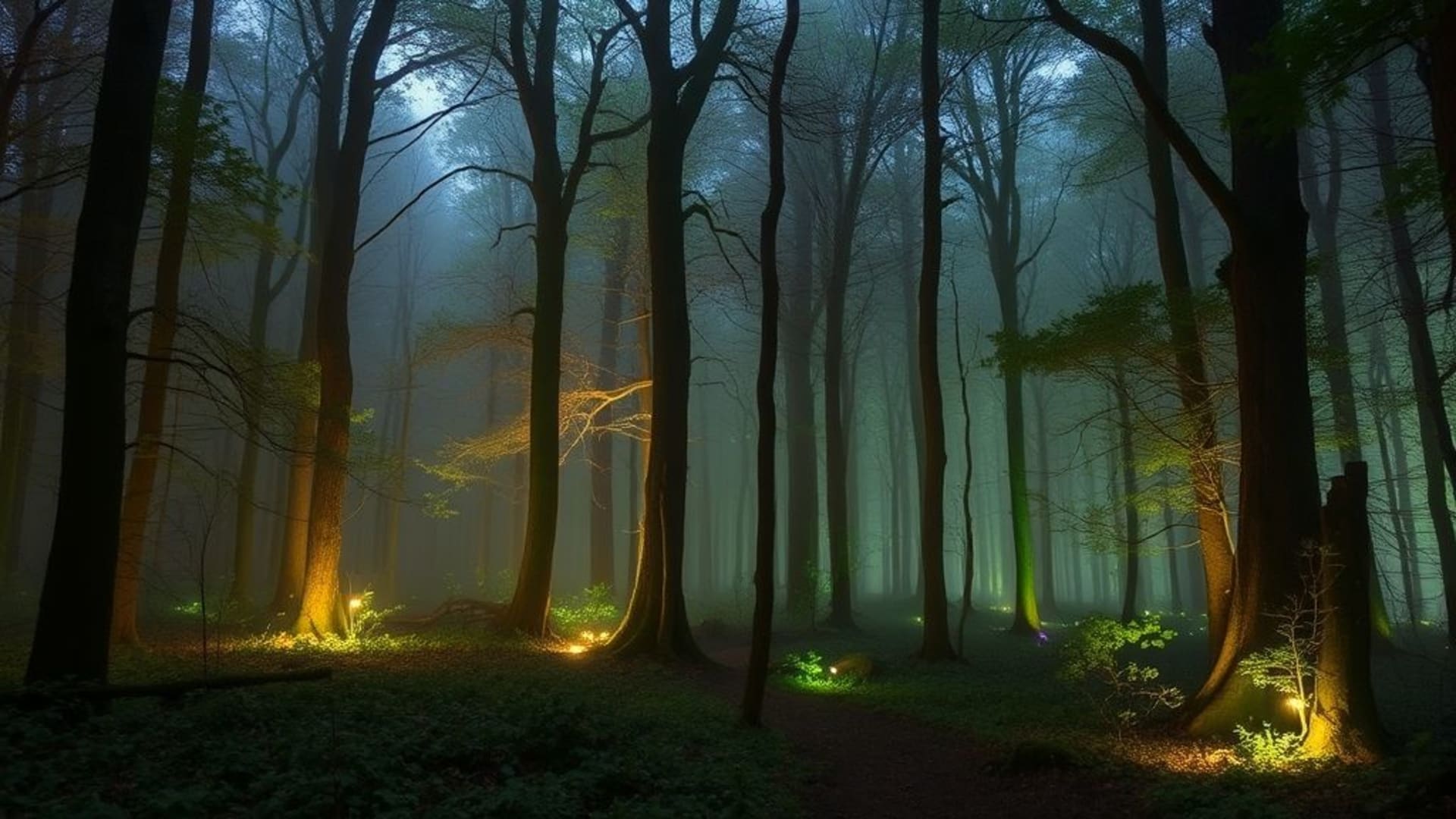 forêts magiques avec lumières féériques et créatures mystérieuses