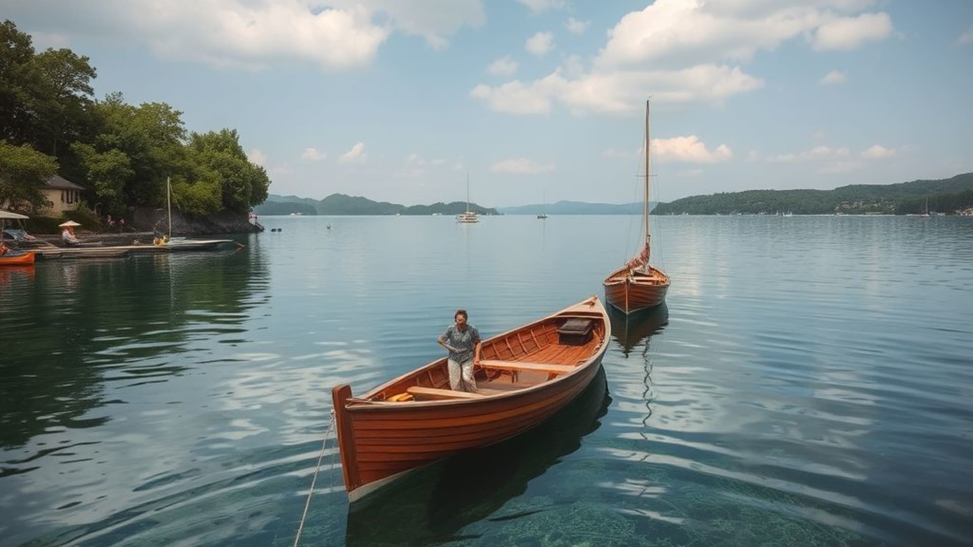 eaux calmes avec bateaux en bois traditionnels au port