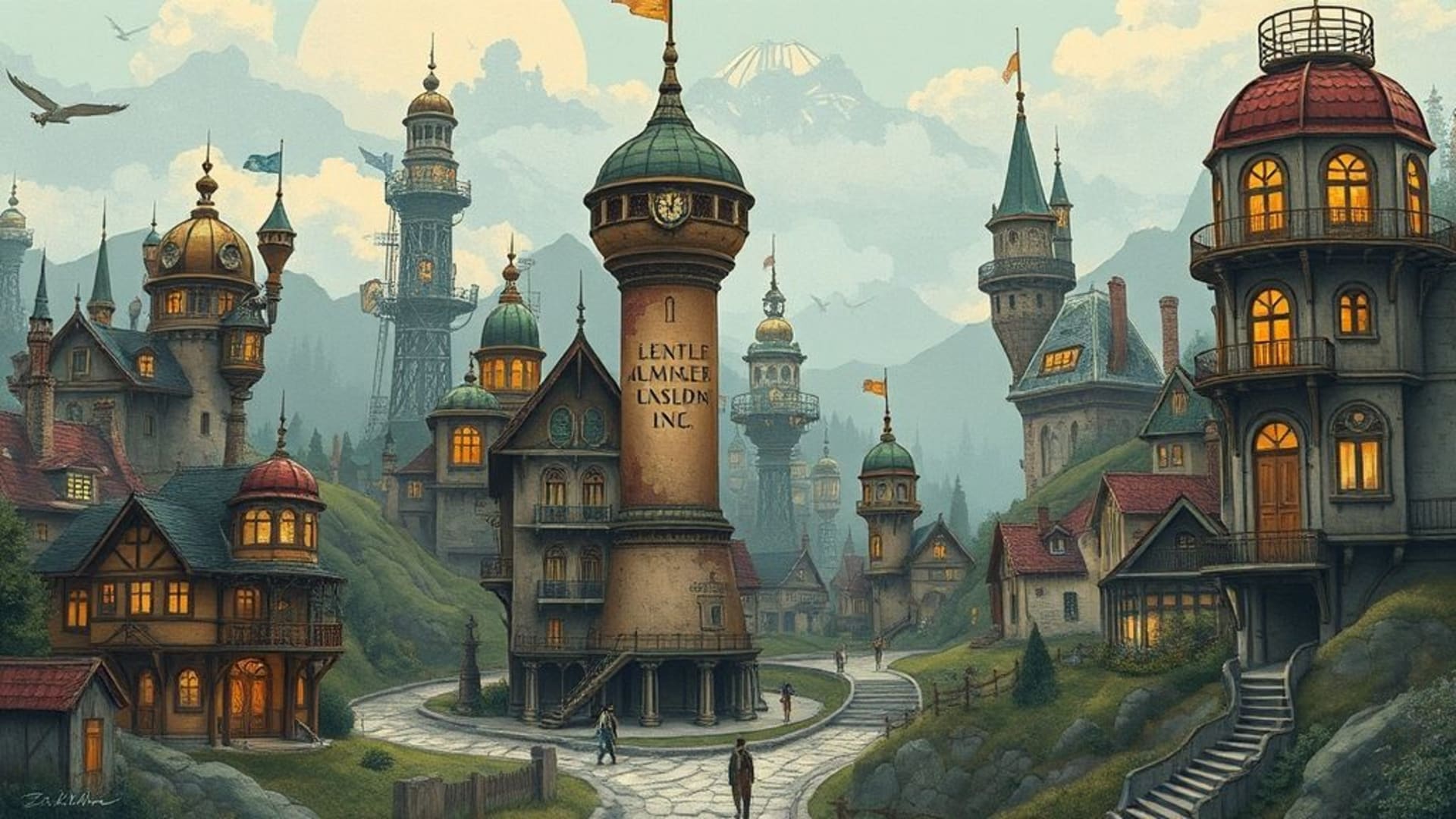 illustration de villes steampunk avec machines et architecture rétro-futuriste