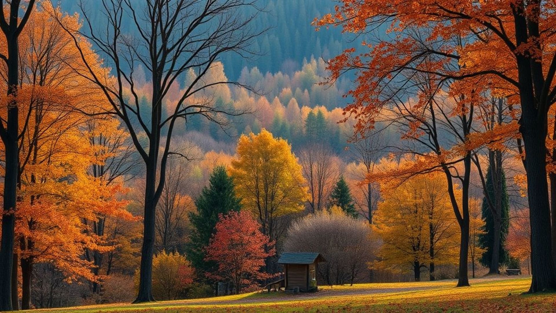 paysages d’automne avec arbres aux feuillages mordorés et chemins de forêt.