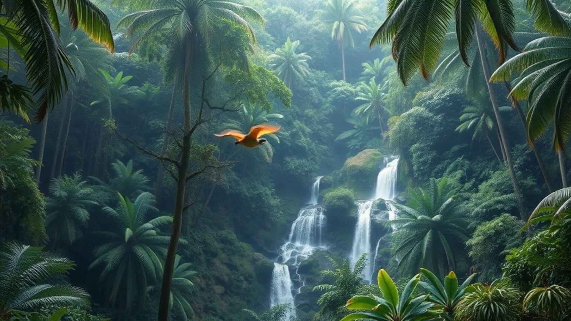 forêt tropicale dense avec cascades et faune exotique
