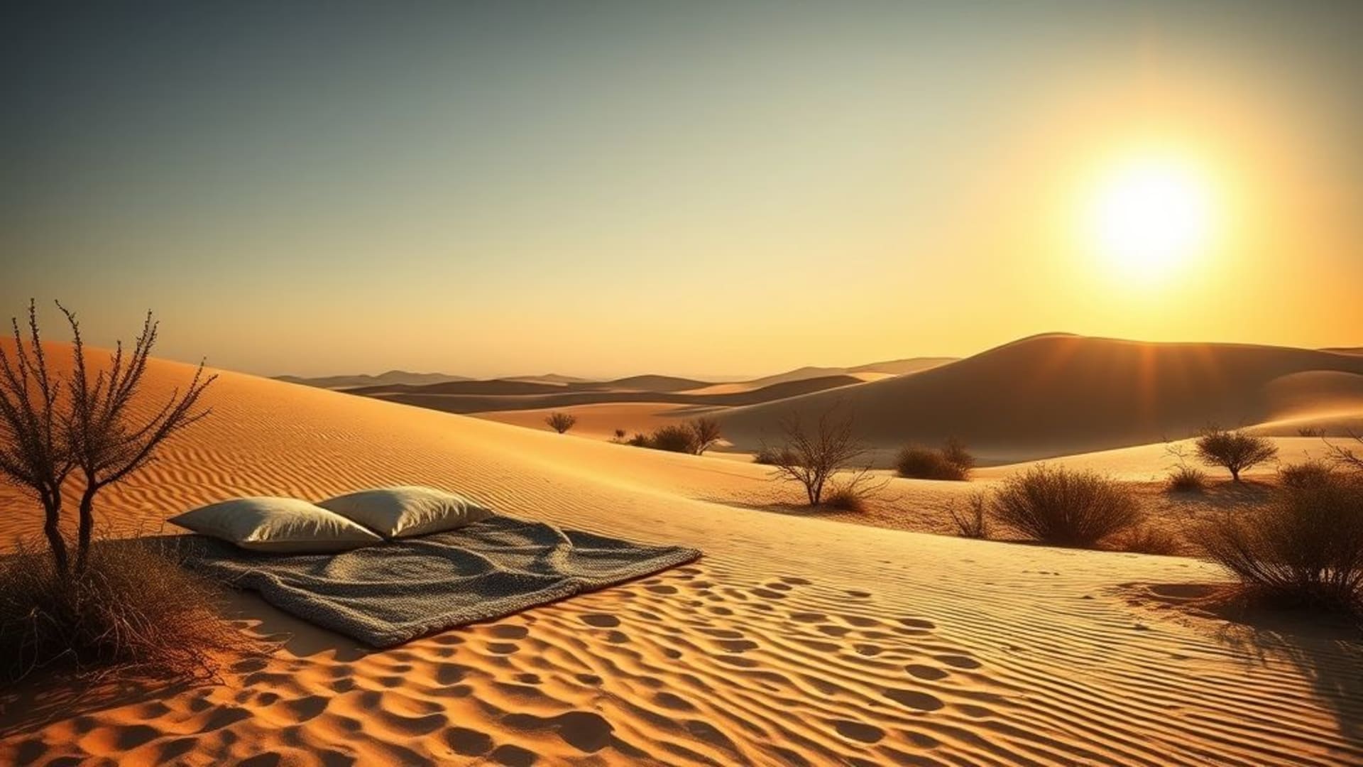 couchers de soleil dans un désert avec dunes dorées et oasis verdoyantes