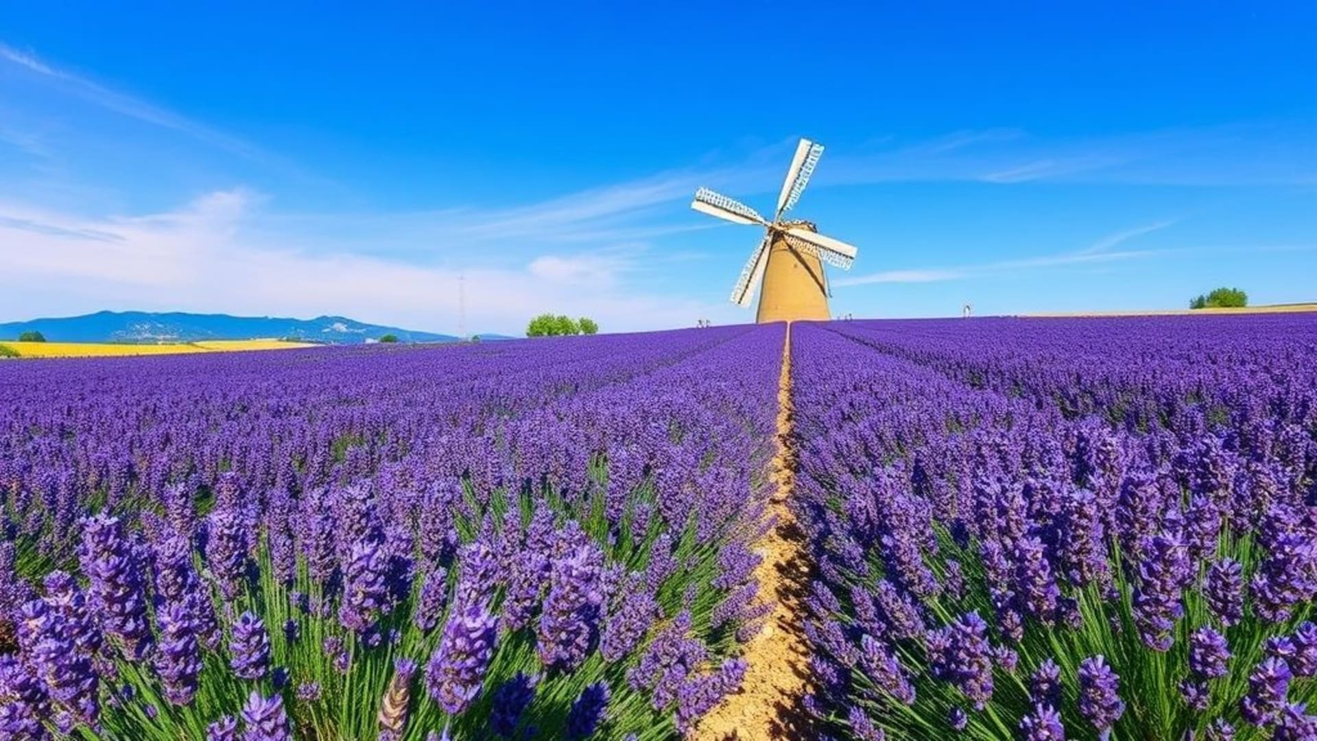 champs de lavande en Provence avec ciel bleu clair et moulins à vent