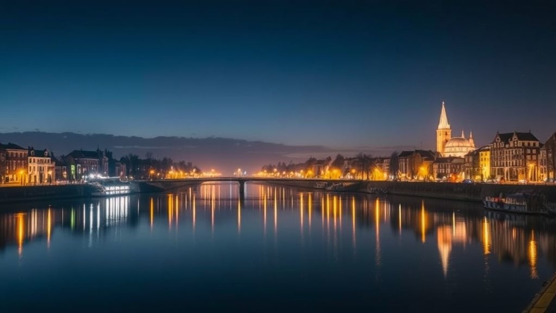 paysages de nuit avec lumières urbaines et reflet sur l’eau