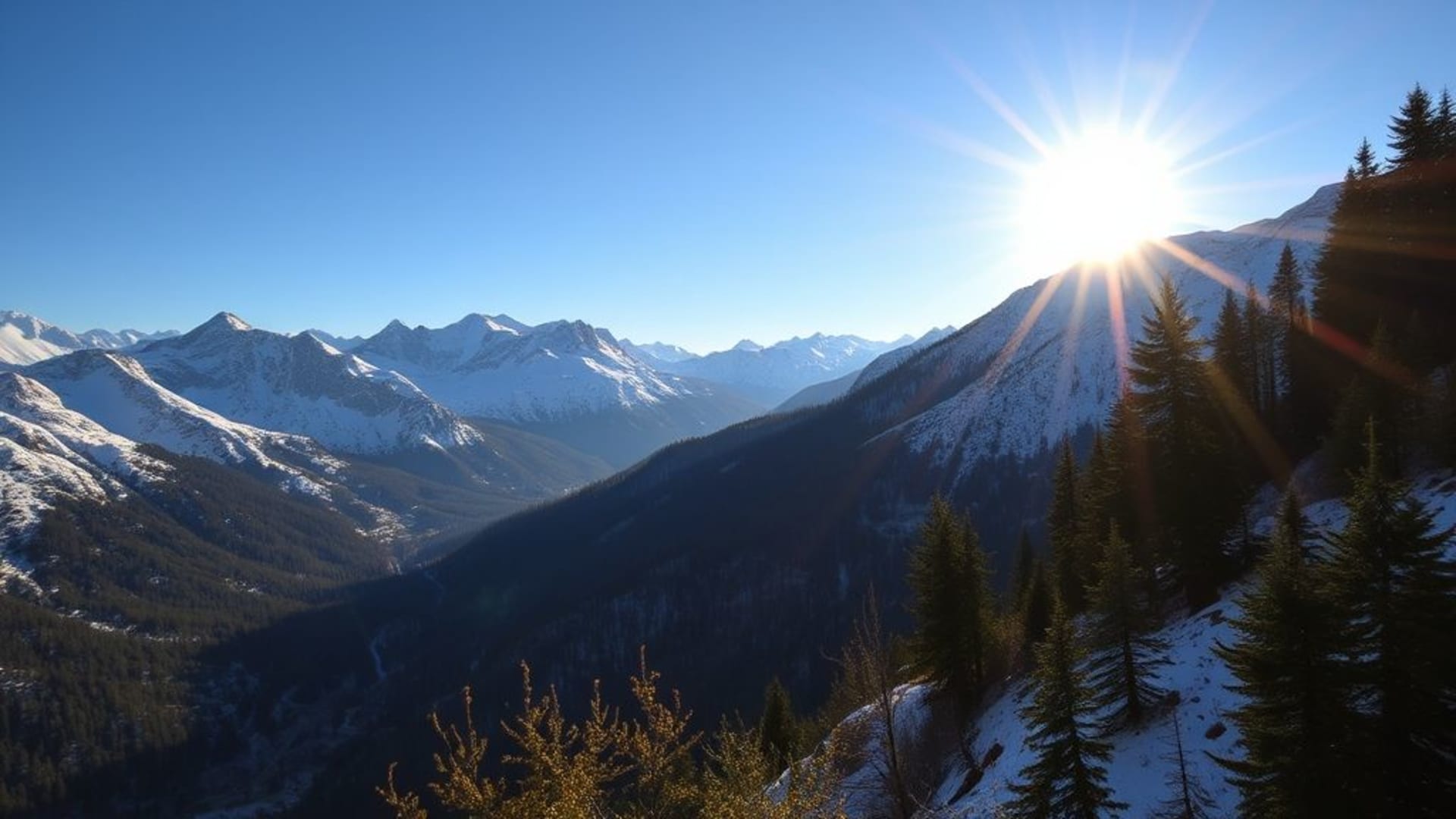 coucher de soleil sur une montagne enneigée et vallée en contrebas