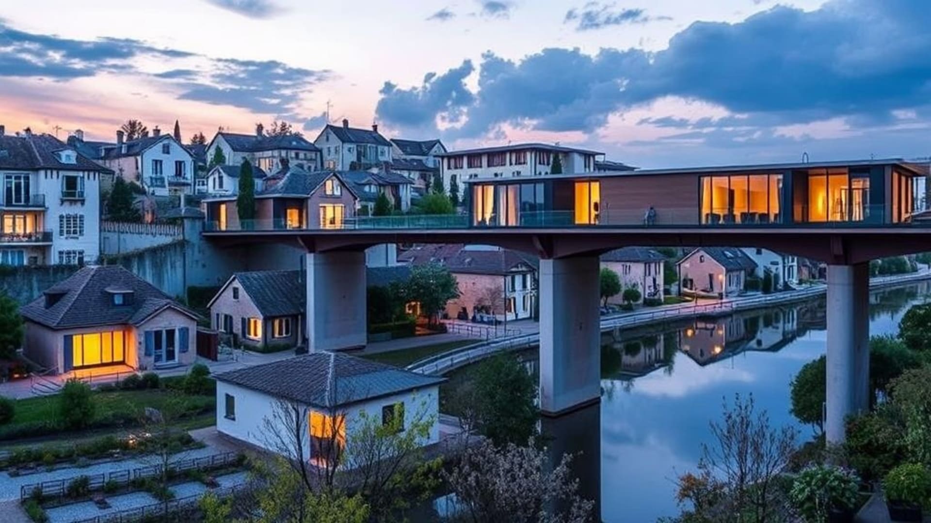Villes modernes avec architecture innovante et ponts suspendus
