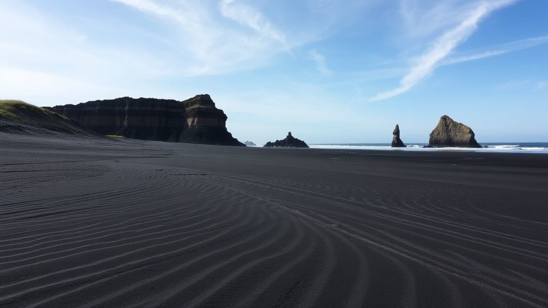Plages de sable noir avec formations rocheuses spectaculaires