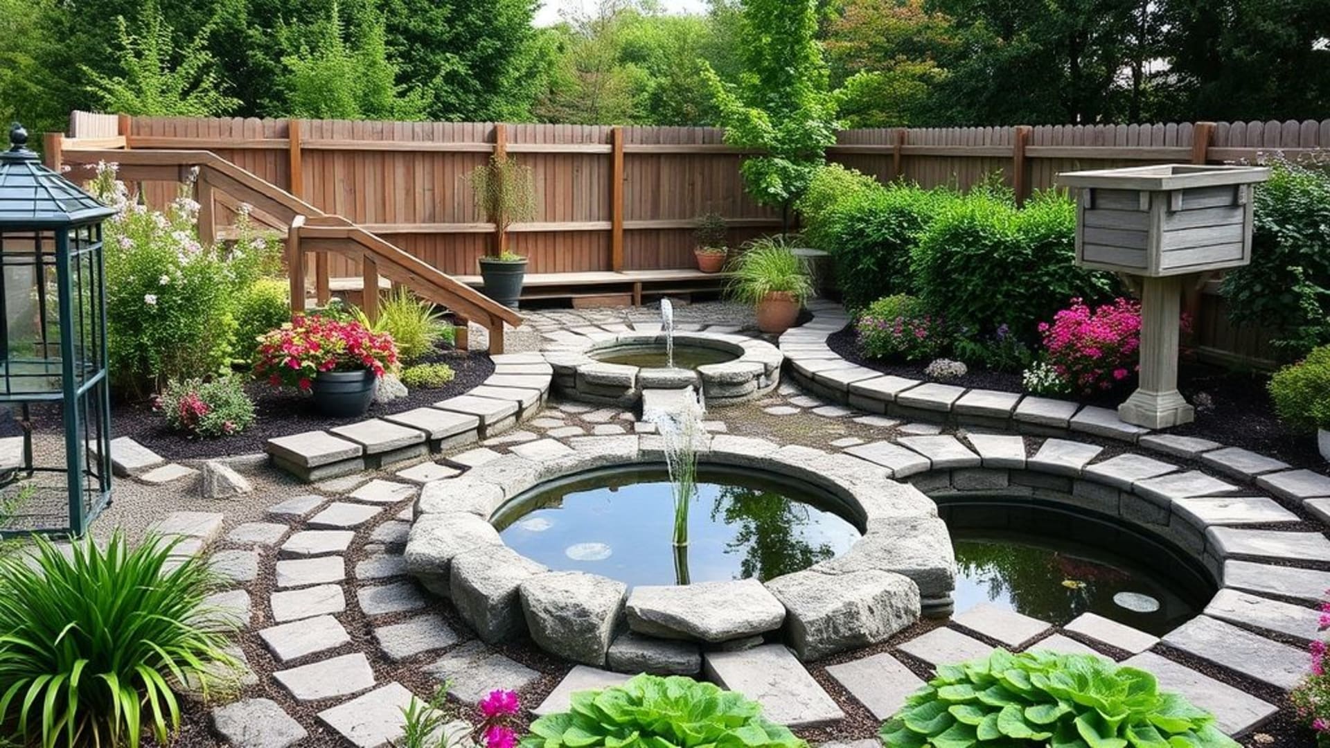 Jardins zen avec étangs et ponts en bois