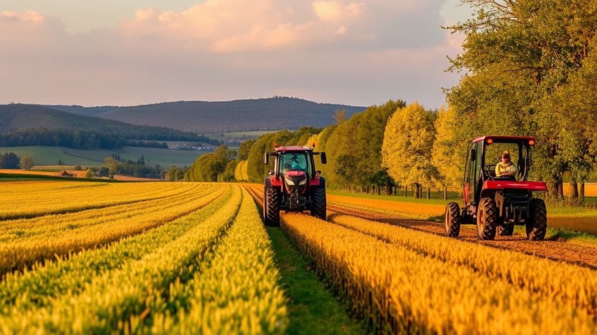 Paysages de campagne avec champs de blé dorés et tracteurs